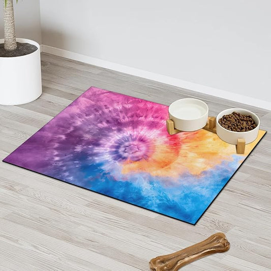 Tie Dye Dog Food Mat for Floors Absorbent, Quick Dry Water Dispenser Mat for Food, Water, Pet Supplies 12" x 20", Boho Abstract