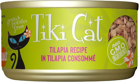 Tiki Cat Luau Shredded Meat, Tilapia Recipe in Tilapia Consumme, Grain-Free Balanced Nutrition Wet Canned Cat Food, For All Life Stages, 2.8 oz. Can (12 Count)