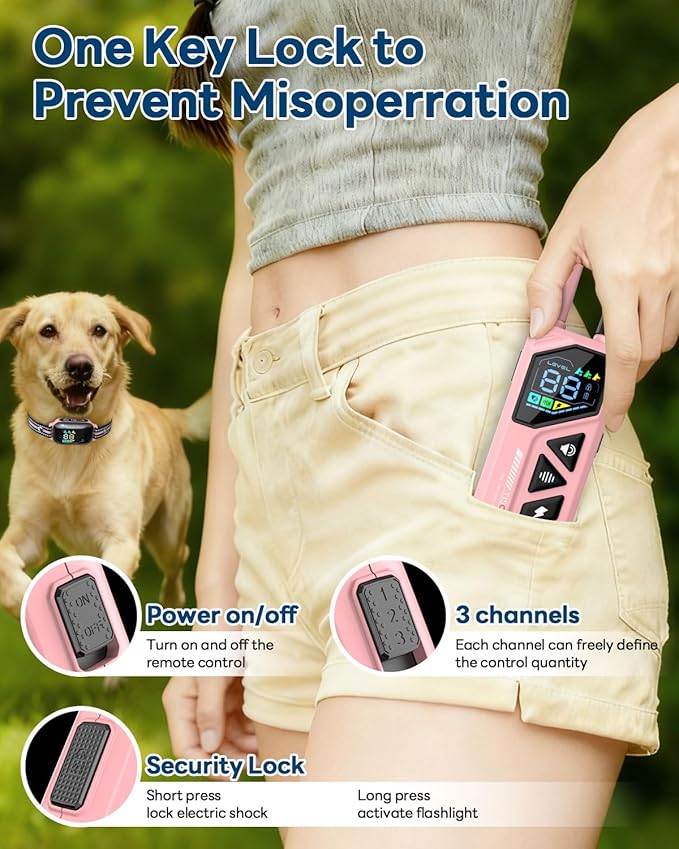 Dog Shock Collar - 3300FT Dog Training Collar with Remote, IPX7 Waterproof Electric Dog Collar with 4 Training Modes, Security Lock, Rechargeable E-Collar for Small Medium Large Dogs (Pink)