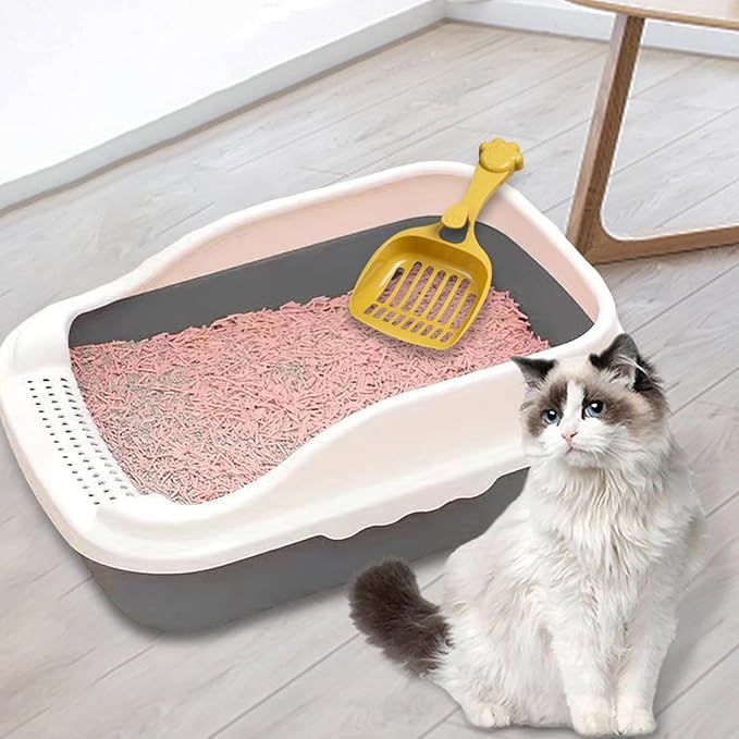 Open Top Cat Litter Box Potty Toilet Easy to Clean Splashproof Pet Litter Tray Pan with Scooper for Rabbit Indoor Cats Bunny- Gray M 31x21x16cm