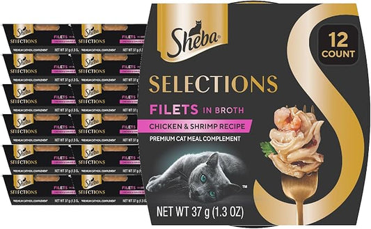 Sheba Selections Filets in Broth, Adult Cat Food Wet Recipe, Meal Complement, Wet Cat Food Variety Pack, Chicken & Shrimp Recipe, 1.3 oz. Cups, 12 Count
