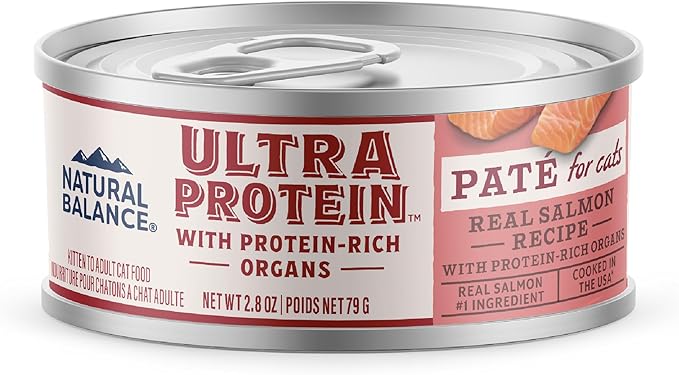 Natural Balance Ultra Protein Wet Cat Food Pate, Real Salmon Recipe with Protein-Rich Organs for Cats, Pate Cat Food with High Protein - 2.8 oz. (Pack of 24)