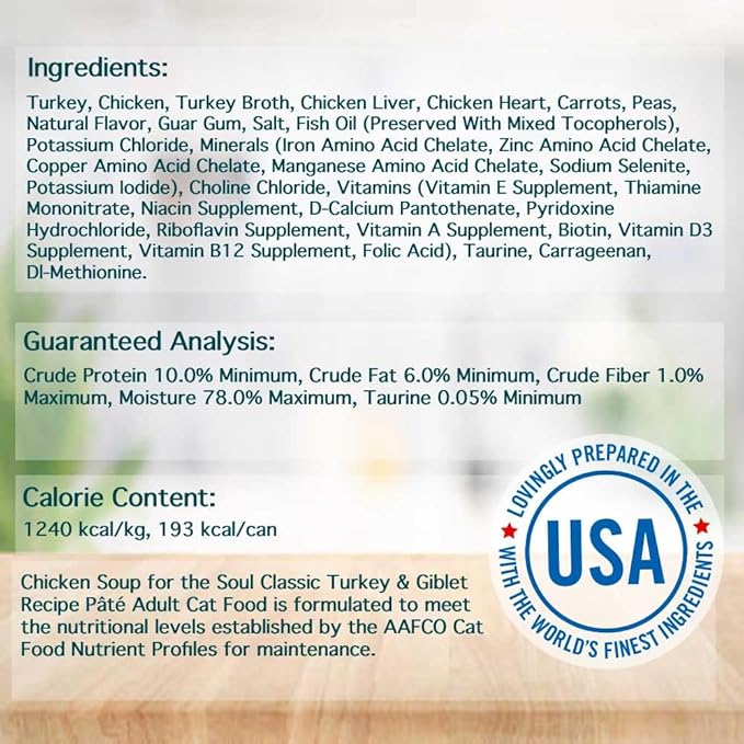 Chicken Soup for the Soul All Natural Premium Adult Wet Cat Food, Real Meat First Ingredient, No By-Products, Artificial Colors, Flavors or Preservatives, Turkey & Giblet Pate, 5.5oz (Pack of 24)