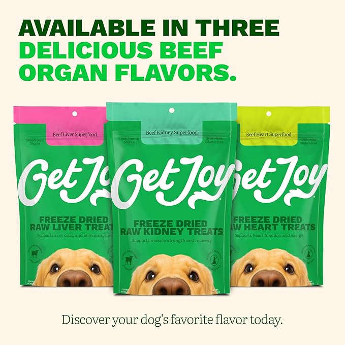 Get Joy Freeze Dried Dog Treat, 100% Beef Kidney, 4 Ounce Bag (Pack of 3), Single Ingredient Organ Meat, High Protein, Immune Health, Muscle Repair, Grain Free, Gluten Free, Made in USA
