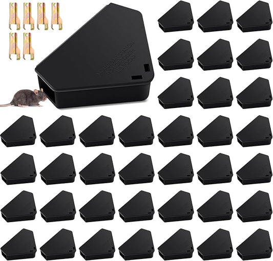Qualirey Mice Station with Key Triangle Mouse Station Reusable Rodent Trap Box, Keeps Children and Pets Safe Indoor & Outdoor Suitable for Small Mice(Black,48 Pcs)