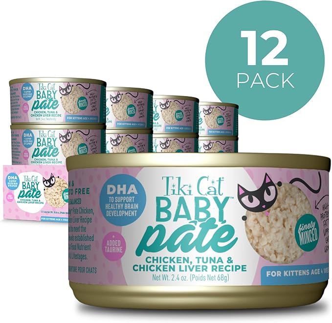 Tiki Cat Baby Pate Wet Cat Food for Kittens, Chicken, Tuna & Chicken Liver, 2.4 oz. Can (12 Count)