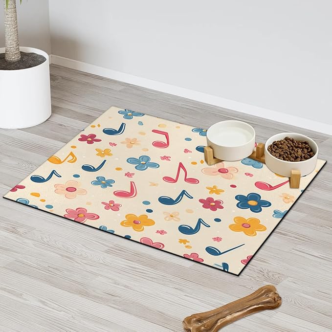 Music Note Dog Food Mat for Floors Absorbent Dog Bowl Mat for Food and Water Dispenser Quick Dry Cat Food Placemat Pet Supplies 12" x 20", Colorful Floral
