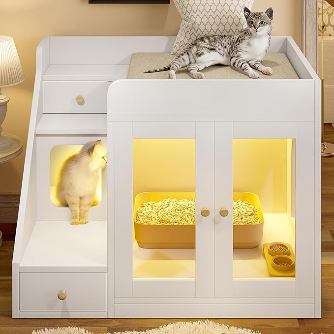 Cat Litter Box Enclosure with Light, Hidden Litter Box Furniture with 2 Storage Drawers & Smart Doors, Cat House Side Table for Living Room Entryway (White)