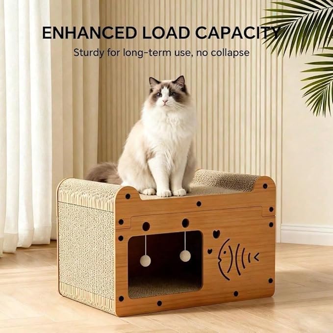 Multi-Function Cat Scratcher House Box,3-in-1 Scratch Pad and Soft Bed & Play Cave with Toys, Durable Build & Ideal for Cats/Kitty (Yellow,FX-SFPPY)