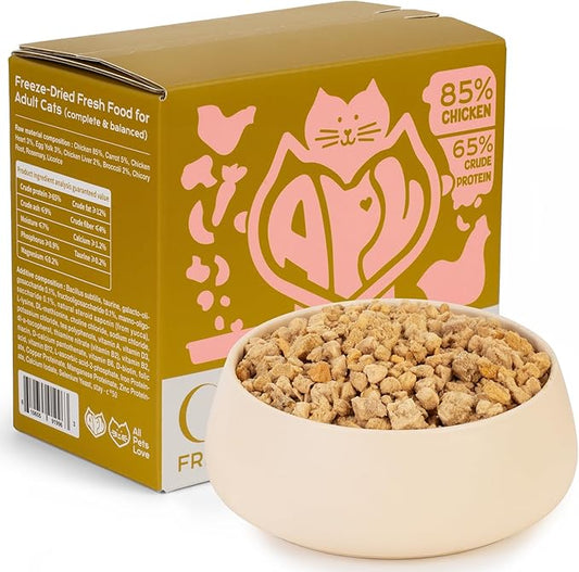APL Freeze-Dried Cat Food, 0.5oz x 6 Pack | 90% Animal Ingredients, 65% Crude Protein | Chicken, Heart & Liver Recipe with Yucca Extract | Grain-Free, Complete Meal for Travel, Mixing & Sharing
