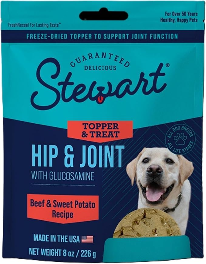 Stewart Freeze Dried Dog Food Topper, Hip and Joint, Beef and Sweet Potato Recipe, 8 Ounce Pouch, Glucosamine for Healthy Joints
