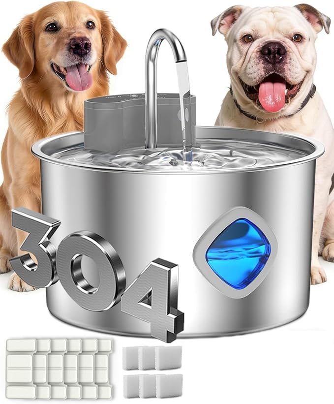 Water Bowl, Cordless Dog Water Fountain with Faucet-Style Flow, 3 Smart Dispensing Modes, Ultra-Quiet Pump, 3.2L Stainless Steel Dog Water Bowl for Dogs Cats (Bowl+6Set Filter)