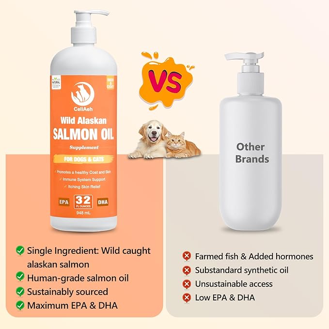 Wild Salmon Oil for Dogs & Cats 32oz Omega 3 Fish Oil Skin & Coat Supplement Pure Fish Omega 3 6 9 Liquid EPA DHA Fatty Acids - Itchy Relief Supports Joint Function, Brain, Eye, Immune & Heart Health