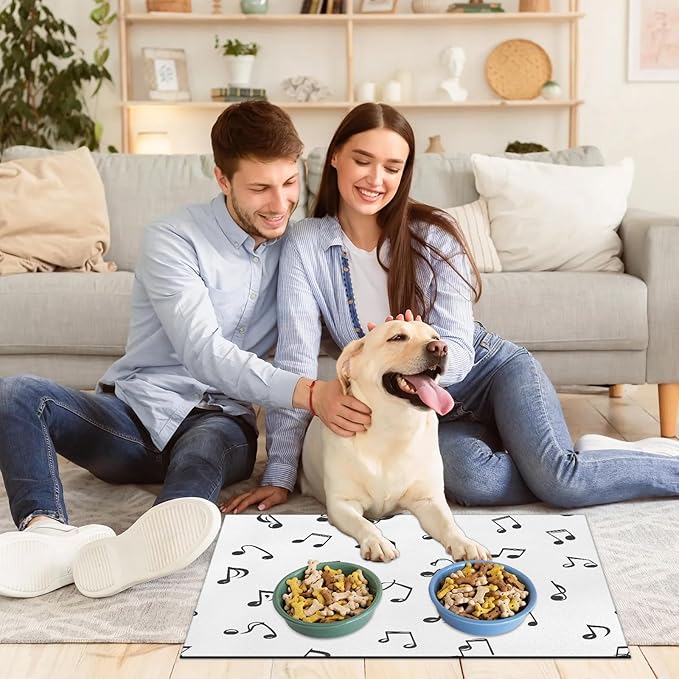 Black Note Dog Food Mat for Floors Absorbent Dog Bowl Mat for Food and Water Dispenser Quick Dry Cat Food Placemat Pet Supplies 17" x 30", Black White