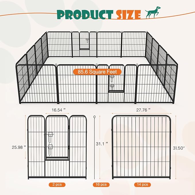 NEWBULIG Dog Playpen Indoors 32 Inch 16 Panels for Small and Medium Dogs Portable and Foldable Pet Fence with Door Heavy Duty Metal Dog Exercise Play Pen for Outdoor Yard
