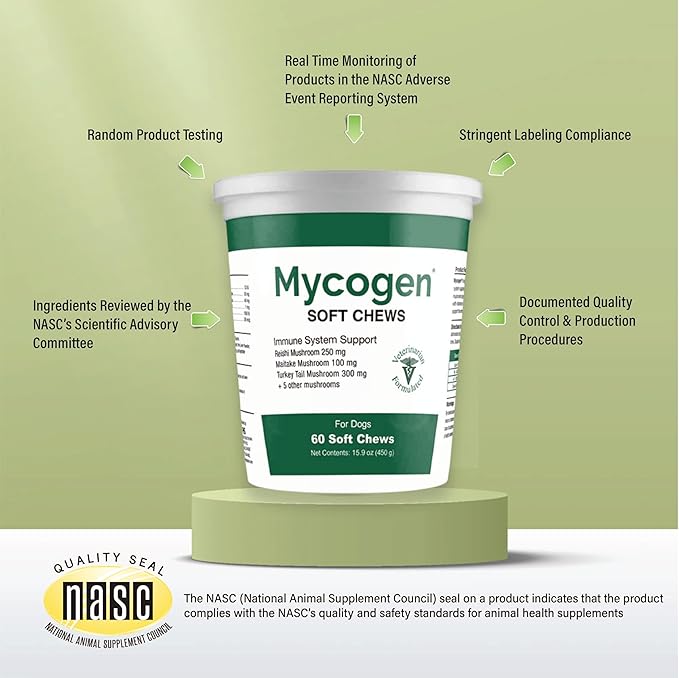 Mycogen Immune Support for Dogs – Beta Glucan, Reishi, Shiitake & Maitake Mushroom Blend – Helps Boost Immunity & Defend Against Illness – Vet-Formulated – 60 Tasty Liver-Flavored Soft Chews