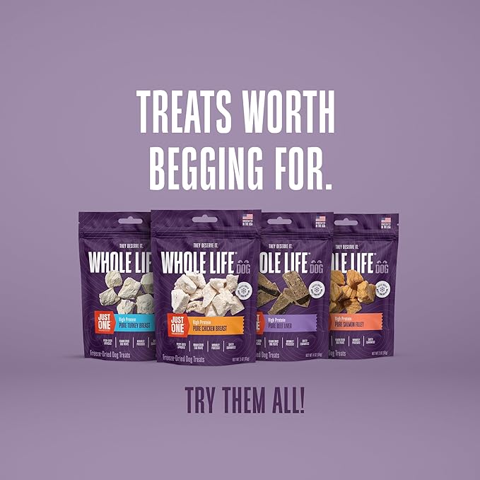 Whole Life Dog Just One Salmon Freeze Dried Dog Treats - Human Grade High Protein Food, Healthy Training Snacks, Freeze Dried Salmon Food Toppers, USA Made Natural Treats - 7.5 oz (Value Pack of 1)