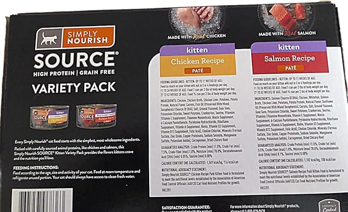 Source Kitten Wet Food Variety Pack, High Protein Grain Free Pate, Chicken and Salmon Recipe, 12 Count 3 oz Cans