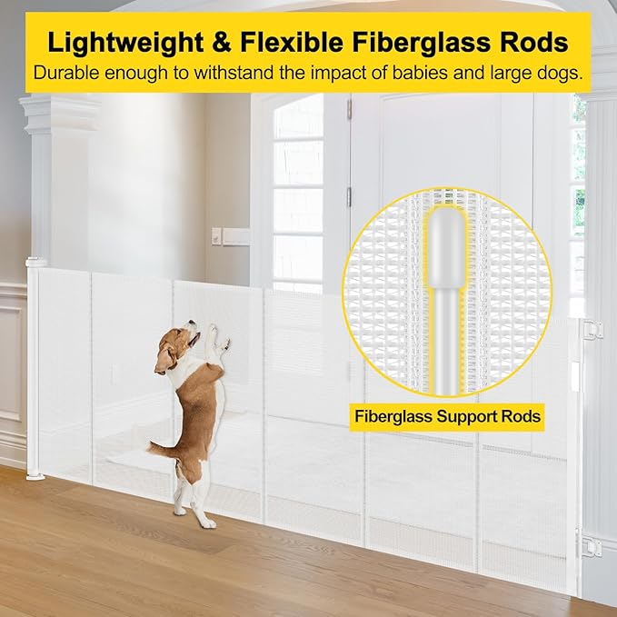 Reinforced 42” Extra Tall x 80” Wide Retractable Baby Gates with Rods to Prevent Crawling Through, Extra Tall Dog Gate for Large Openings Indoor Outdoor Long Mesh Gate for Stairs and Doorways, White
