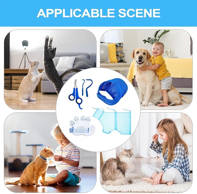 Cat Bathing Bag - 5 Pieces Cat Bathing Bag Anti Scratch and Bite | Pet Cleaning and Grooming Set | Grooming Pet Claw Care with Nail Clipper Trimmer Cleaning Supplies for Indoor & Kitten