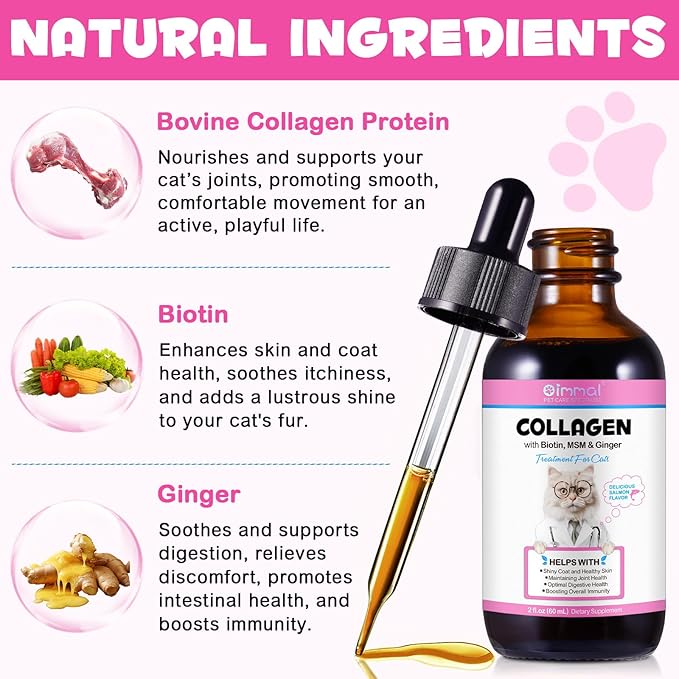 2Pack Liquid Collagen for Cats, Collagen for Cats 2 fl.oz, Skin and Coat Supplement for Cats, Itch Relief for Cats with Allergies, with Bovine Collagen, Biotin, MSM, Ginger, Collagen for Cats Drops
