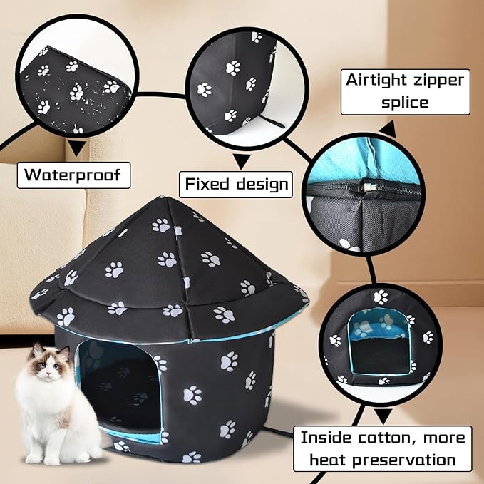 Stray Cats Shelter Cat Bed Weatherproof Foldable Kitten House Warm Feral Pet Cave for Outdoor Insulated Waterproof Thicken Tent Beds Shelter Home Indoor Small Dog Houses for Kitten Puppy(Black)