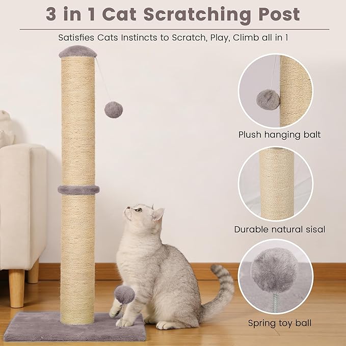 33" Tall Cat Scratching Post, 3-in-1 Durable Sisal Vertical Cat Scratcher Post with Hanging Ball, Soft Fabric Stable Base Cat Scratch Pole for Indoor Cats at All Ages, Light Gray