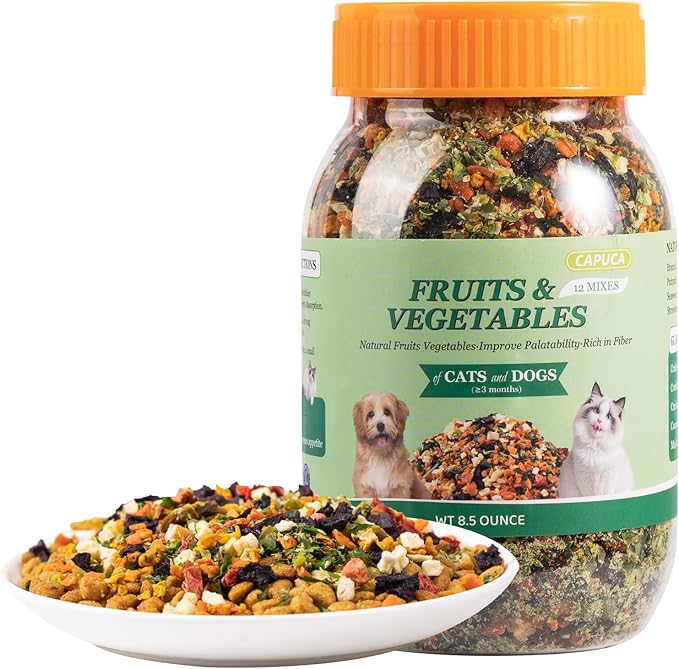 12-in-1 Vegetable Fruit Mix Cats Dogs Treast - Natural Ingredient Food Toppers Picky Eaters, High Fiber Digestive Health, Grain-Free(8.5oz)