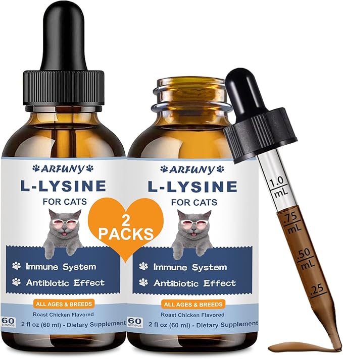 Lysine for Cats - 2 Packs Cat Lysine Drops - Sneezing Treatment, Nasal Relief - Feline Upper Respiratory Infection, Runny Nose, Eye Function - Immune Support - Roast Chicken Flavor