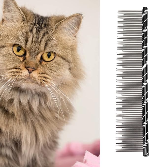 Pet Hair Removal Comb, Stainless Steel Cat Grooming Tool with Dual - Density Teeth, Open Knot Detangling Comb for Long and Short Haired Cats, Ergonomic Non - Slip Handle (Black)