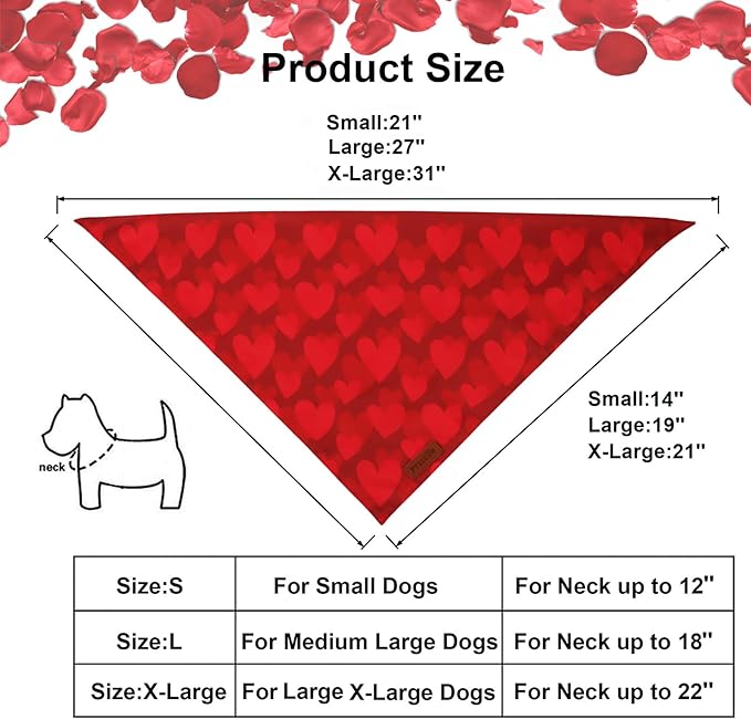 PTDECOR Valentines Dog Bandana, Reversible Red Heart Valentine Pet Scarf, Premium Durable Fabric, Red Bandanas for Extra Large Dogs (X-Large)