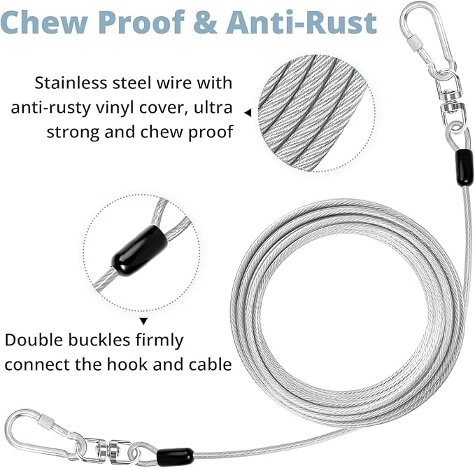 jenico Dog Tie Out Cable: 15 ft Dog Lead for Yard - Heavy Duty Chain Leash Outside for Small Large Dogs Up to 500 lbs - Outdoor Dog Runner Tether