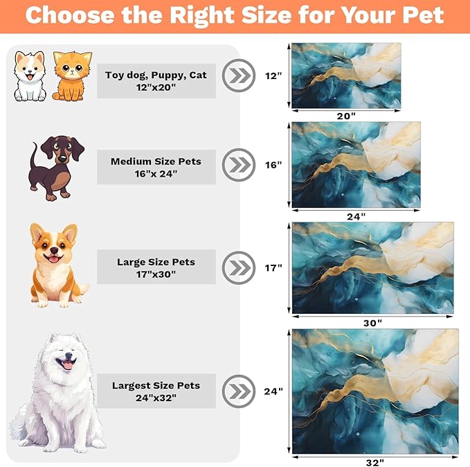 Marble Dog Food Mat for Floors Absorbent, Quick Dry Water Dispenser Mat for Food, Water, Pet Supplies 16" x 24", Blue Gold Stripes
