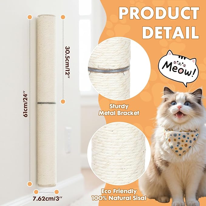PowerKing Wall Mounted Cat Scratcher, 24" Vertical Sisal Scratching Post for Indoor Cats, Space-Saving Wall Cat Furniture with Natural Jute Rope & Rotatable Design