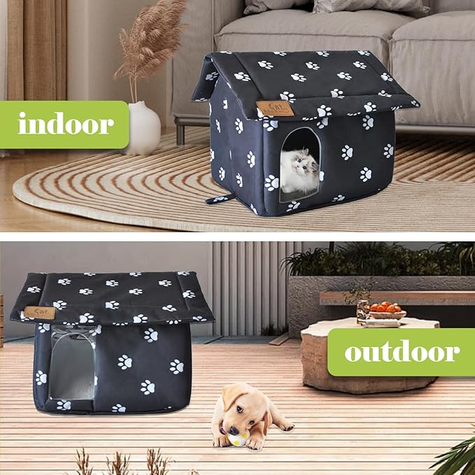 Cat House for Outdoor,Weatherproof Warm Feral Cats Shelter Outside/Indoor Collapsible Insulated Pet Houses Foldable Stray Cat Tent Cave for Kitty Puppy Small Animals Four Season(Black)