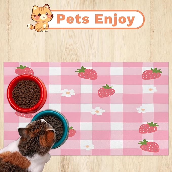 Strawberry Floral Dog Food Mat for Floors Absorbent Dog Bowl Mat for Food and Water Dispenser Quick Dry Cat Food Placemat Pet Supplies 16" x 24", Pink Plaid