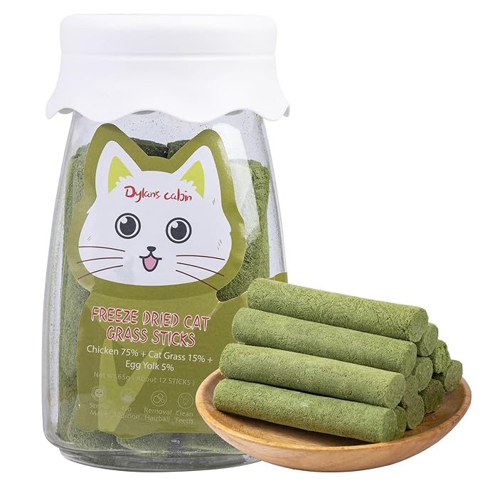 Dylan's cabin Cat Grass Teething Stick - Natural Freeze Dried Treats Edible Chew Cat Toy for Teeth Cleaning and Hairball Removal (80g)