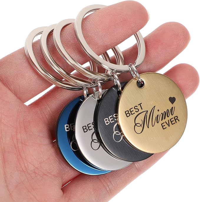 KALLORY 4pcs Stainless Steel Pet Id Dog Tag Keychain Set, Round Engraved Name Tags for Collar, Includes Silver, Dark Gray, Navy, and Yellow, Sturdy Pet Supplies for Cats and Dogs