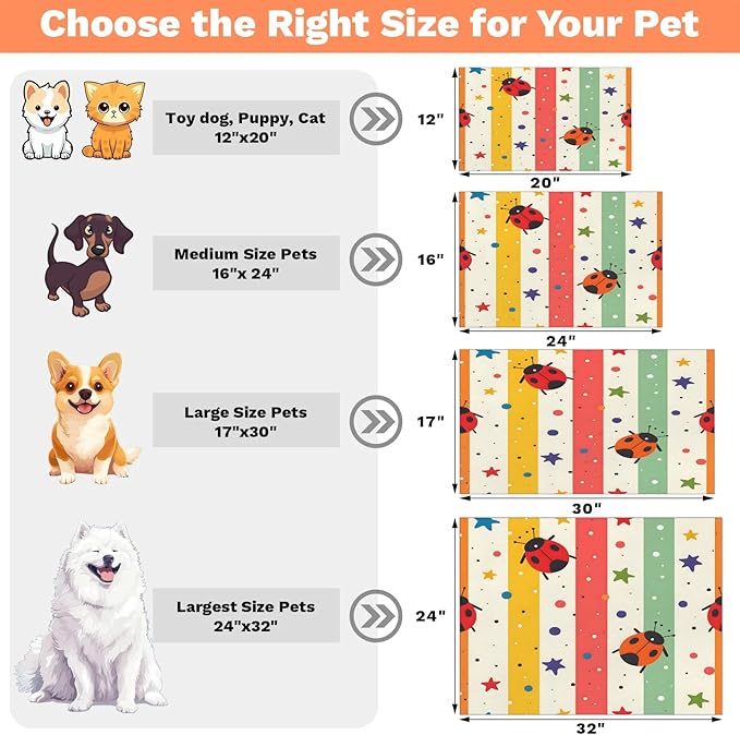 Red Ladybird Dog Food Mat for Floors Absorbent, Quick Dry Water Dispenser Mat for Food, Water, Pet Supplies 12" x 20", Colorful Lines