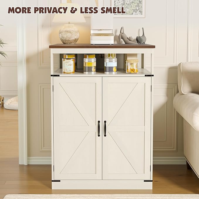 Large Litter Box Furniture with Charging Station and Shelves, Wooden Cat Litter Box Enclosure for Self-Cleaning Litter Boxes, White