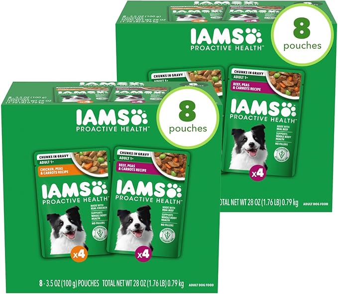 IAMS Proactive Health Adult Wet Dog Food Variety Pack, 3.5 oz. Pouch, (8 Count) (Pack of 2)