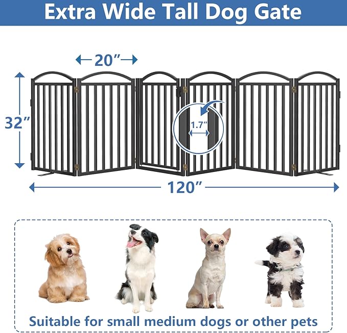 Malier Metal Freestanding Dog Gates with Door, 32'' Height Outdoor Indoor Dog Fences, Extra Wide Foldable Puppy Gate for Stairs (Black, 【6 Panels with Door】 120''W × 32''H)