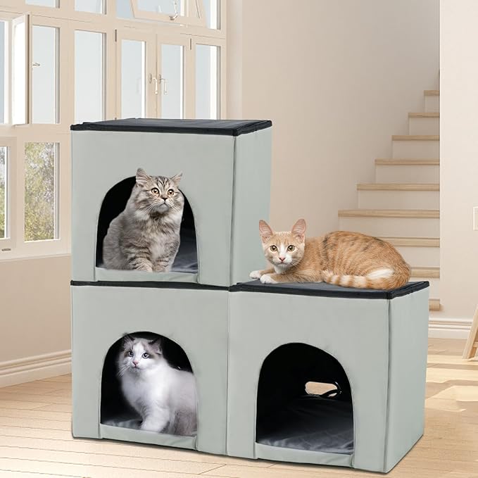 Heated Cat House, Heating Cat Houses for Indoor Outdoor Kitty with Heating Pad, Foldable Heated Kitty House Cat Shelter for Your Pet to Stay Warm and Cozy