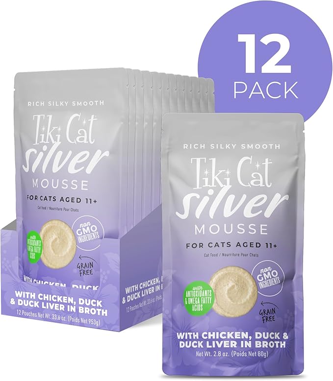 Tiki Cat Silver Mousse Wet Cat Food, Chicken, Duck & Duck Liver in Broth, 2.8 oz. Pouch (12 Count)