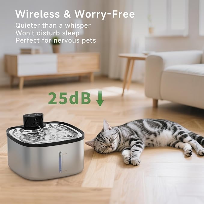 Cat Water Fountain Stainless Steel, 118oz/3.5L Cordless Automatic Pet Water Dispenser for Cats Indoor, with Motion Sensor, Ultra Quiet Pump, Rechargeable & Multi-Filtration (Silver)