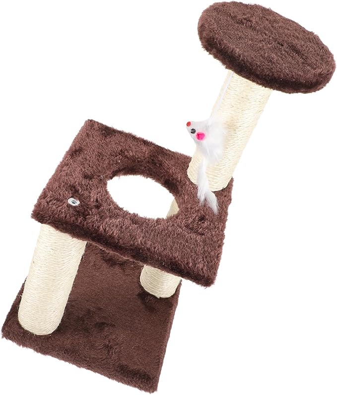 Cabilock 3-Layer Jute Cat Scratching Post with Hanging Ball Wear-Resistant Floor Scratcher for Indoor Cats and Kittens Multi-Level Activity Tower in Coffee Color