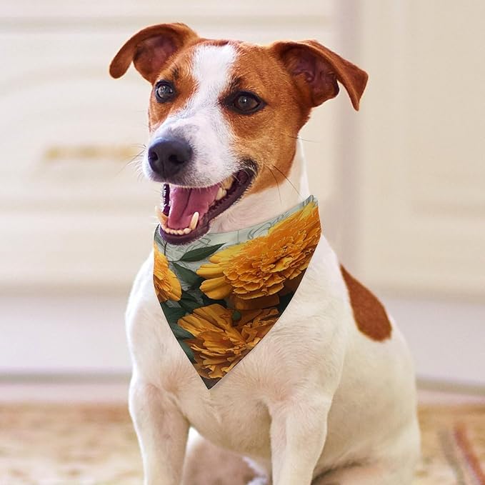 Dog Bandana Spring Pet Scarf Adjustable Triangle Marigold Printing Dog Bib Washable Polyester Puppy Bandana for Small Medium Large Dogs Cat Birthday Party Supplies