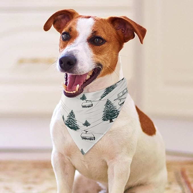 Dog Bandana Spring Pet Scarf Adjustable Triangle Ski Lift with Fir Tree Printing Dog Bib Washable Polyester Puppy Bandana for Small Medium Large Dogs Cat Birthday Party Supplies