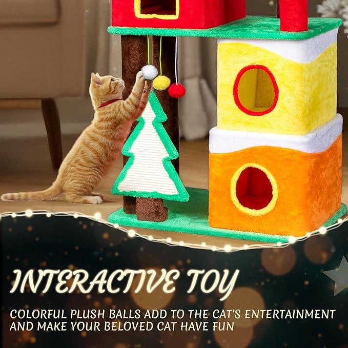 Outvita 56in Christmas Themed Plush Cat Tree, Multi-Level Cat Tower with Cat Condos, Top Crown Perch, Sisal Ramp Scratching Posts, Large Cat Pet Activity Center for Indoor Cats