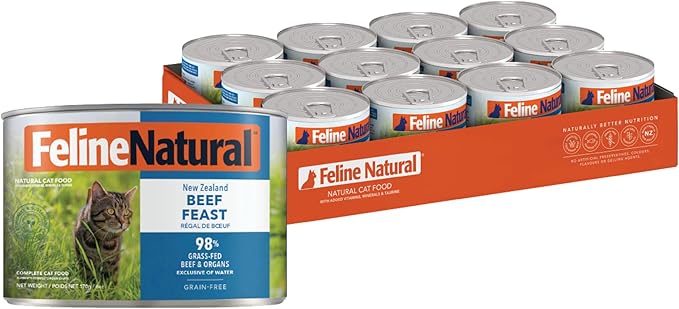Feline Natural New Zealand Canned Catfood Wet Food, High-Meat, Low-Carb, & Grain Free Cat Food Wet, Beef Feast, 6 oz, Pack of 12